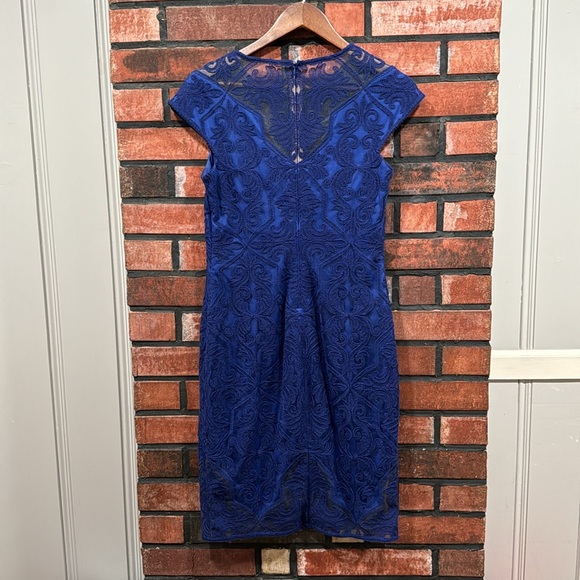 Tadashi Shoji BLUE STONE COTTON EMBROIDERED TULLE CAP SLEEVE DRESS - Picture 6 of 11